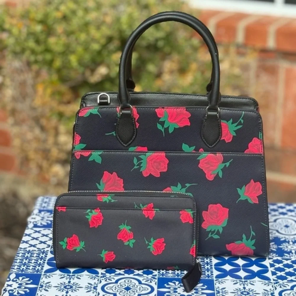 Kate Spade Madison Medium Rose Toss Print Leather Satchel with matching wallet